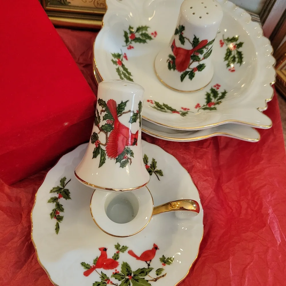 Vintage Lefton Salt & Pepper Shakers & Candle Holder ~ Christmas Cardinal Motif